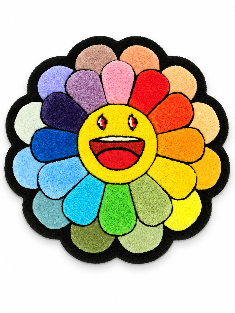 Murakami Rug – 3D Flowers on white background — AI-edited product photo