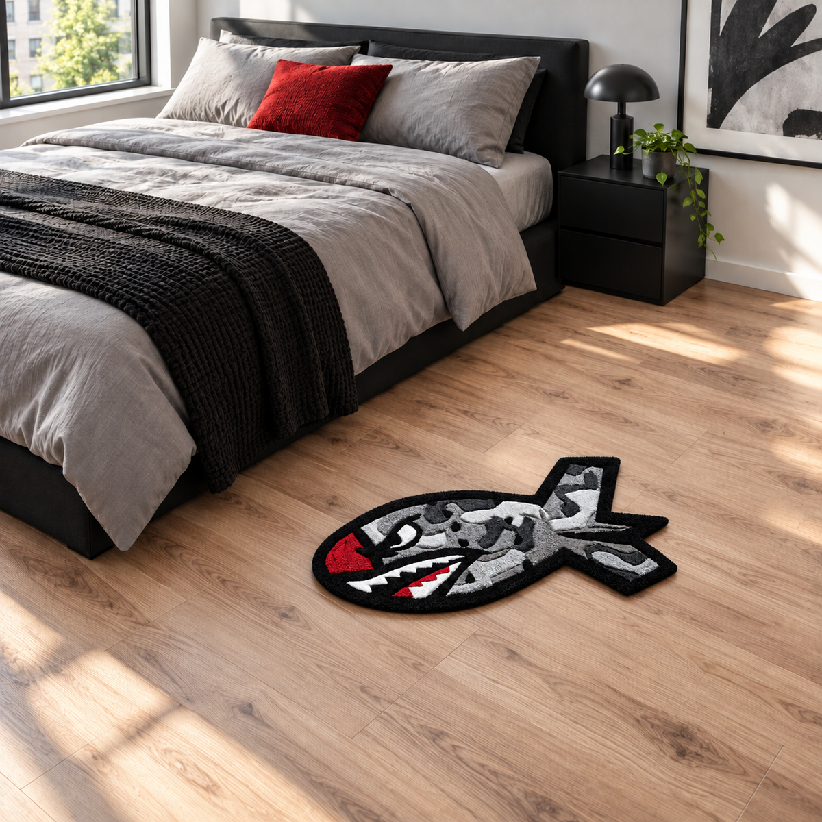 AI-styled bedroom preview of the 3ft Camo Shark Bomb rug in a bright gray, black, and red bedroom