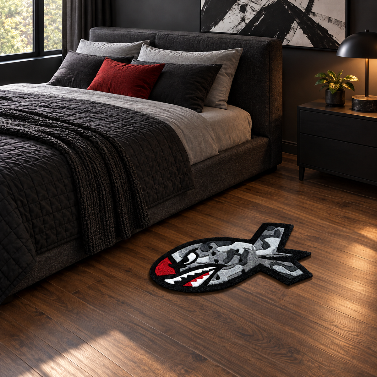 AI-styled bedroom preview of the 3ft Camo Shark Bomb rug in a charcoal bedroom with red accents