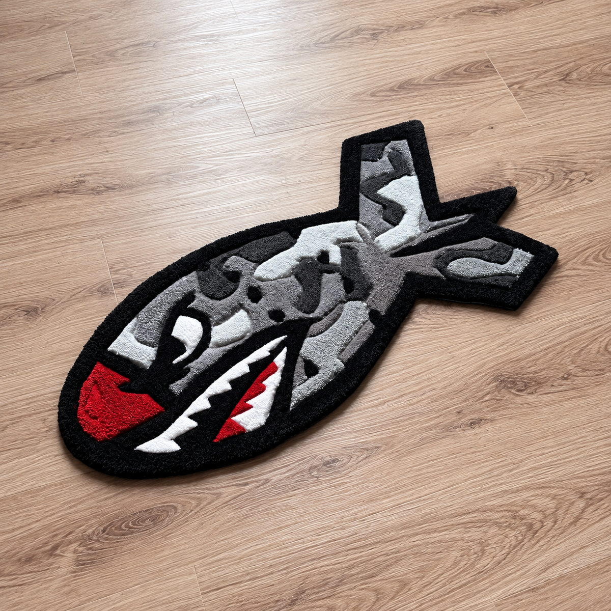 Camo Shark Bomb rug on hardwood at a diagonal angle, AI-cleaned background