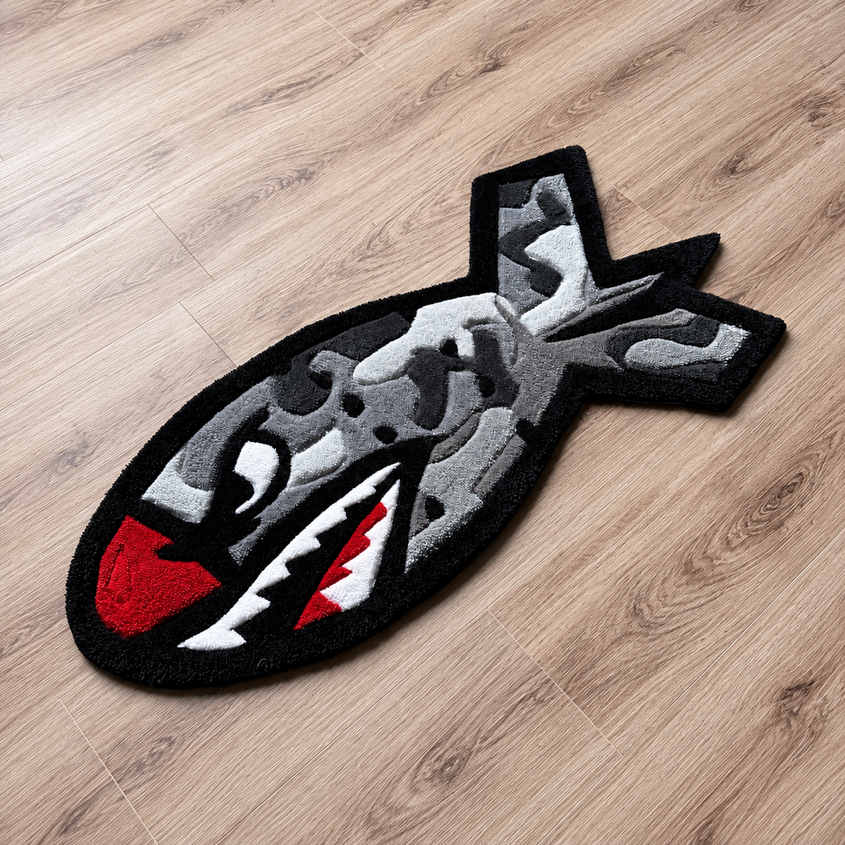 Close angled view of the Camo Shark Bomb rug and carved tufted texture on hardwood, AI-cleaned background