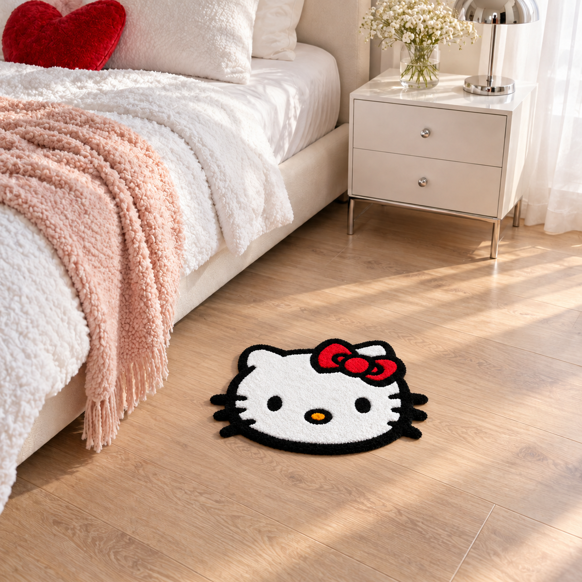 AI room preview of a small 2ft Hello Kitty Face accent rug in a bright white and blush bedroom
