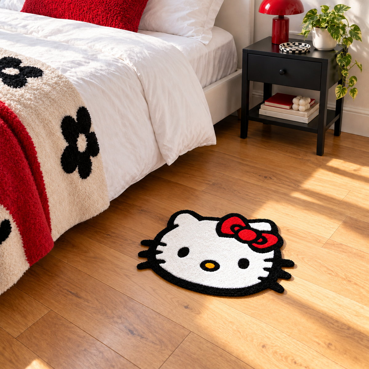 AI room preview of a small 2ft Hello Kitty Face accent rug in a bright white, red and black bedroom