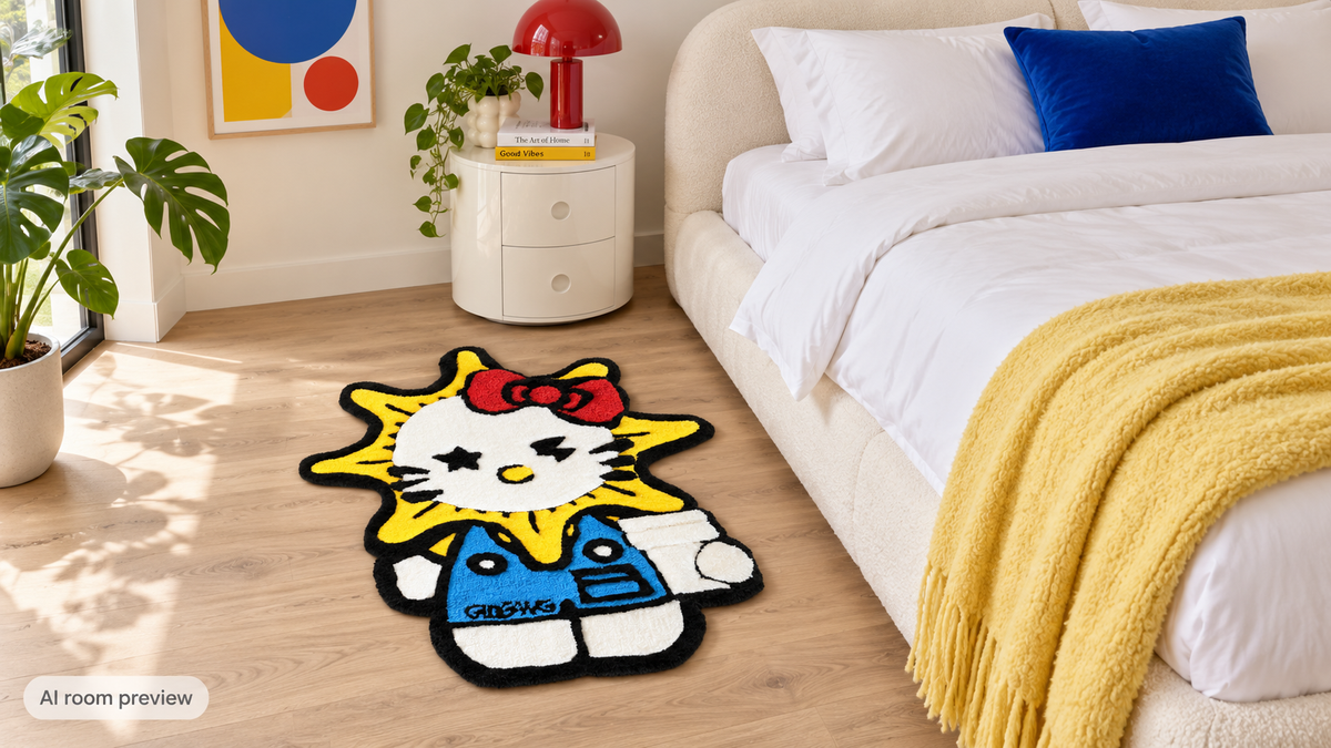 AI room preview — Hello Kitty Sunburst rug in a bright blue yellow and red accented bedroom