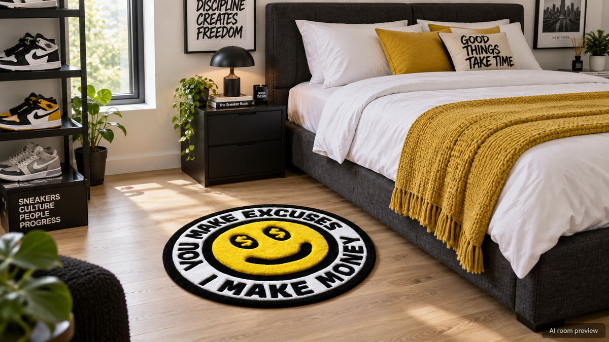 AI room preview — Money Smiley rug in a coordinated yellow and charcoal bedroom