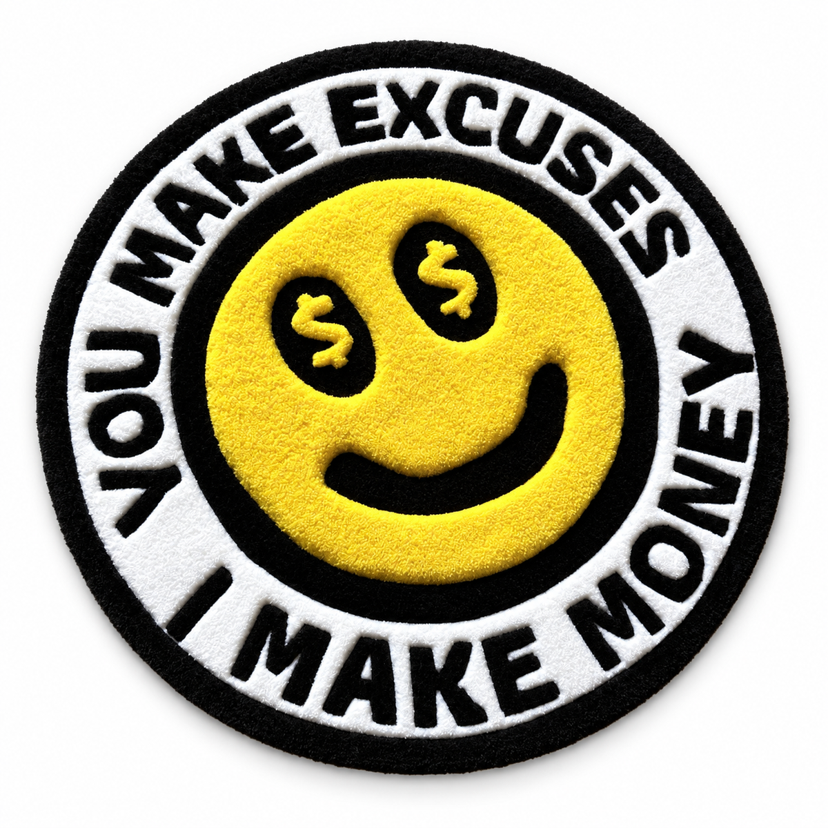 Money Smiley rug on white background — AI-edited product photo