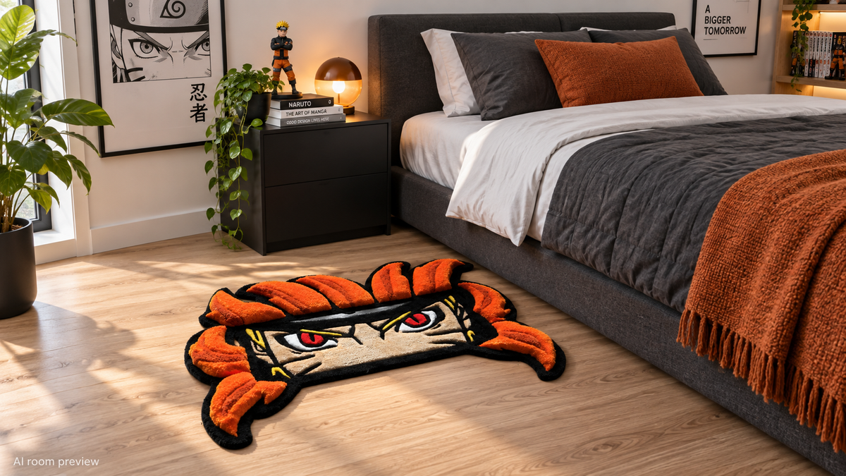 AI room preview — Naruto Eyes Flame rug in an orange and charcoal anime bedroom