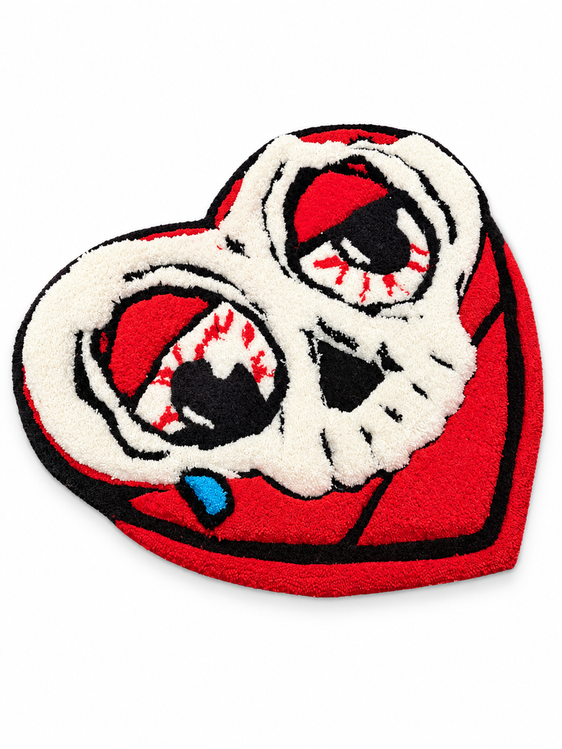 Skull Heart Rug – 3D Texture on white background — AI-edited product photo