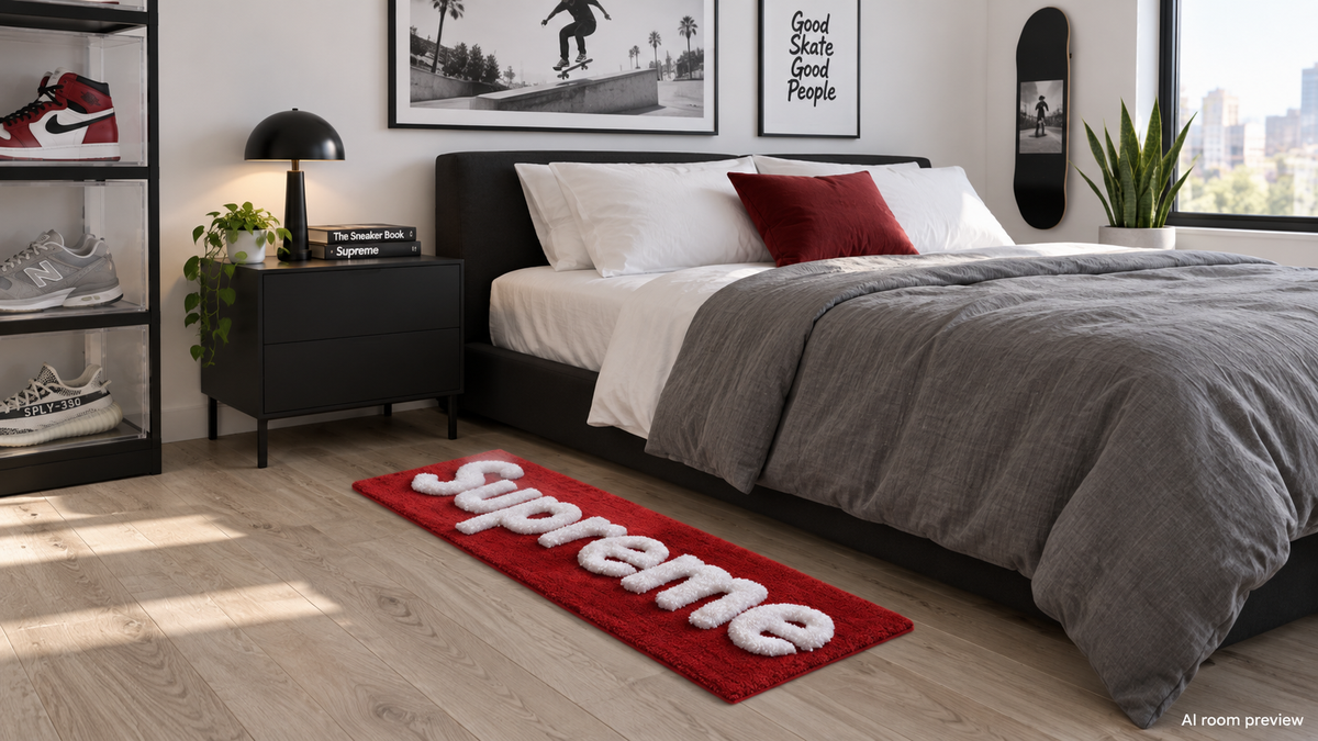 AI room preview — Supreme rug in a coordinated red black and white streetwear bedroom